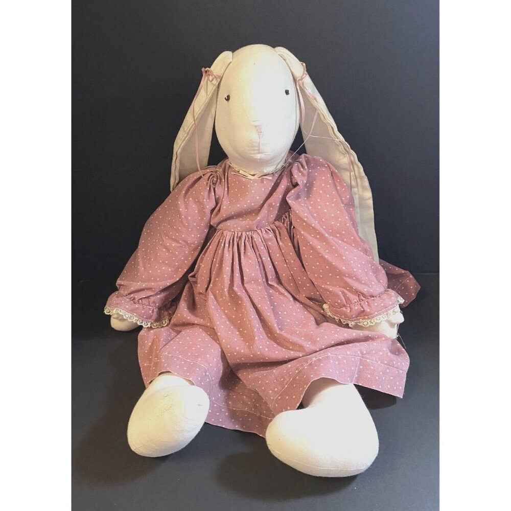 Vintage Handmade 25" Floppy Ear Bunny Rabbit Doll Polka Dot Dress w/Pink Ribbons